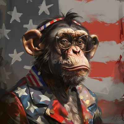 Patriotischer Schimpanse mit Brille vor US-Flagge (KI-Kunst)